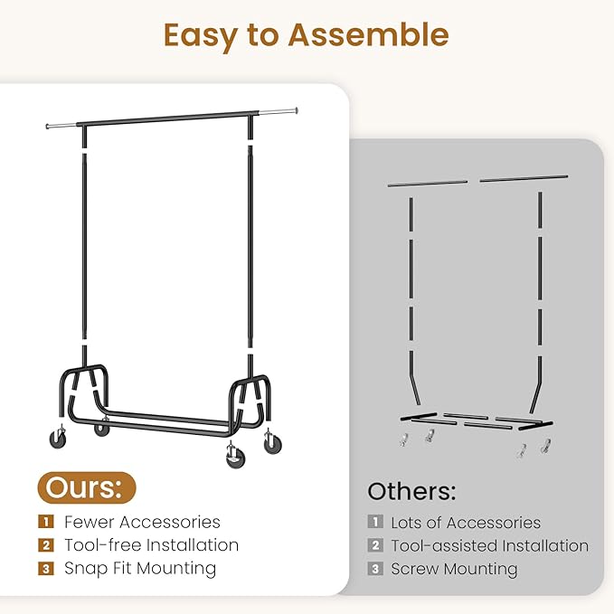 Clothes Rack with Wheels, Rolling Clothing Rack with Shelf, Heavy Duty Clothes Racks for Hanging Clothes, Metal Standing Garment Racks, Black