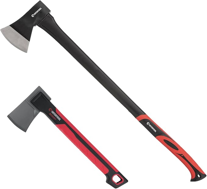 INTERTOOL Chopping Axe and Hatchet Set, 36-Inch Long and 14-Inch Hatchet, Shock Absorbing Fiberglass Handles With Blade Protectors HT-0264-0291