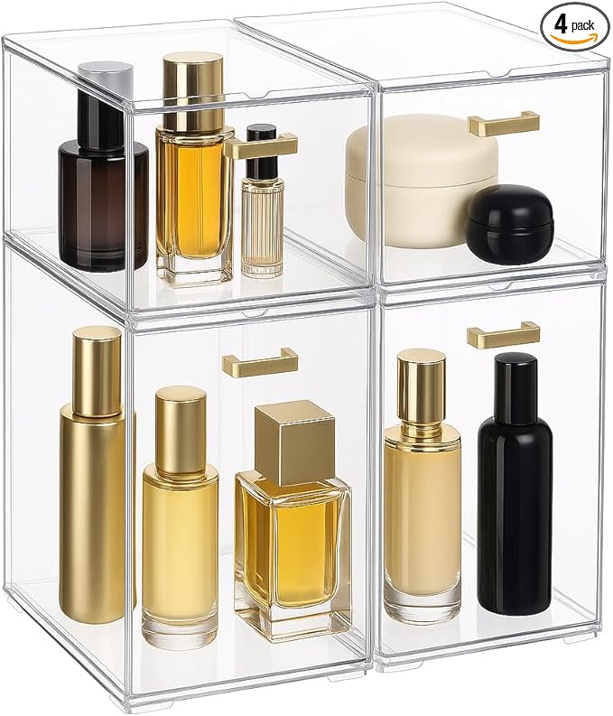 4 Pack Stackable Clear Acrylic Storage Drawers with Golden Handles, Plastic Drawer Organizers for Makeup, Kitchen, Bathroom, Office, Under Sink & Cabinet Organization