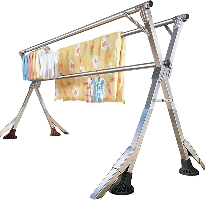 95 Inches Clothes Drying Rack Clothing Windproof Design, Heavy Duty Stainless Steel Laundry Drying Rack Folding Indoor Outdoor, Foldable Portable Clothing Racks for Hanging Clothes, 20 Hooks 12 Clips