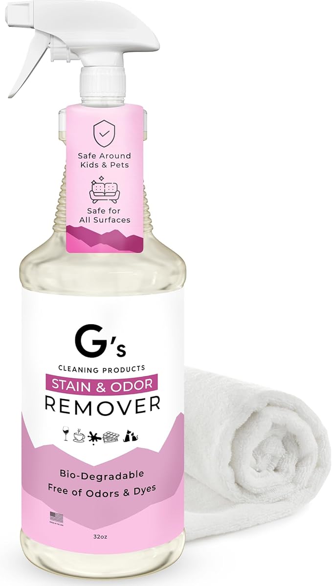 G's Cleaning Biodegradable Stain & Odor Remover Spray – 32 oz Pet Urine Enzyme Cleaner – Pet Odor Eliminator for Home – Cat & Dog Pee Carpet Cleaner – Stain Remover for Rug, Floor, Furniture, Mattress