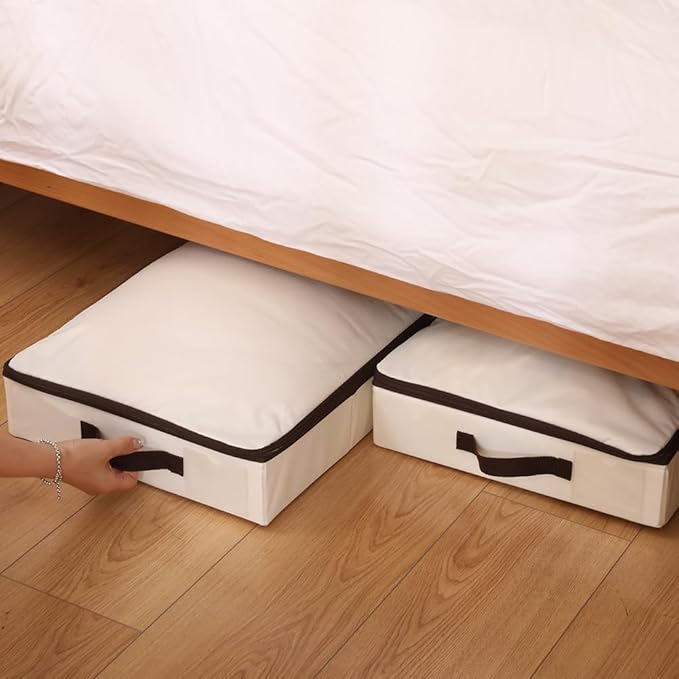 AMJ 2 Pack Foldable Under Bed Storage Basket Container, Sturdy Clothes Storage Drawer Organizer for Clothes, Shoes,Toys, Blanket, Comforter Organizers Bins, Beige