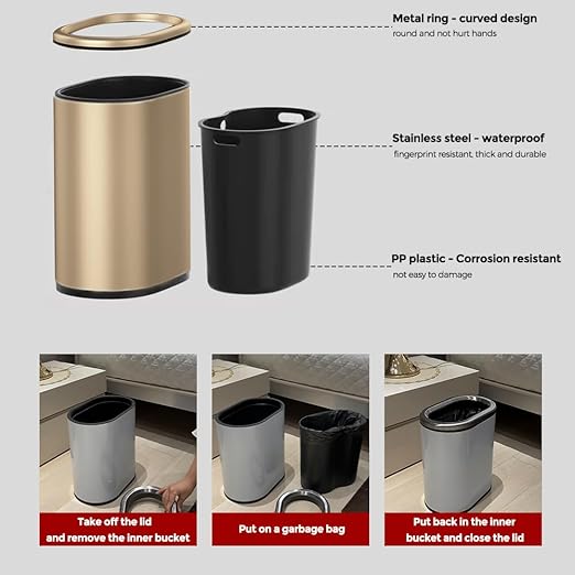 9L/2.4GALSlim Bathroom Trash Can, 12 * 7.75 * 13.67 inches, Stainless Steel with PP Inner Bucket, Smooth, with Garbage Bag Inner Lining, Suitable for bathrooms, bedrooms, Offices, Hotels