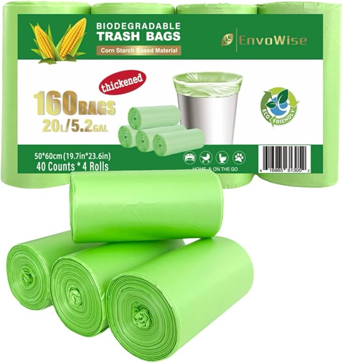5.2 Gallon Biodegradable Trash Bags (THICKENED) | Eco Friendly, Unscented, 20L Strong Multipurpose Waste Bags for Bathroom Bedroom Office Kitchen, 160 Count | Compostable Garbage Bag by EnvoWise