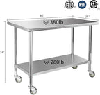 STABLEINK Stainless Steel Table with Caster Wheels 24 x 60 Inches 5ft, NSF Commercial Prep & Work Table with Adjustable Undershelf and Table Foot, for Commercial Kitchen, Restaurant, Hotel and Garage