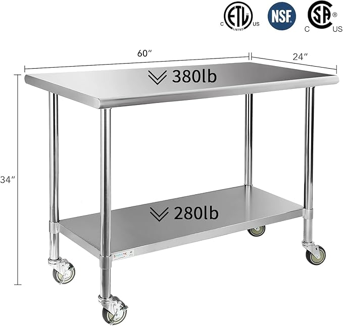 STABLEINK Stainless Steel Table with Caster Wheels 24 x 60 Inches 5ft, NSF Commercial Prep & Work Table with Adjustable Undershelf and Table Foot, for Commercial Kitchen, Restaurant, Hotel and Garage