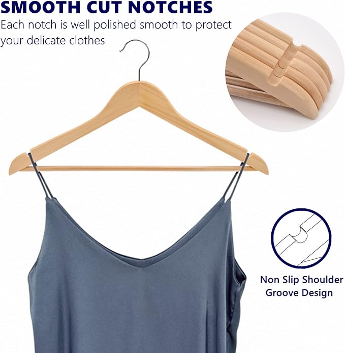 Amber Home 20 Pack Wooden Coat Hangers, Natural Wood Suit Hangers with Non-Slip Pant Bar, Clothes Hangers for Closet Organization, Shirts, Jackets, Dresses, and Pants (Natural, 20)
