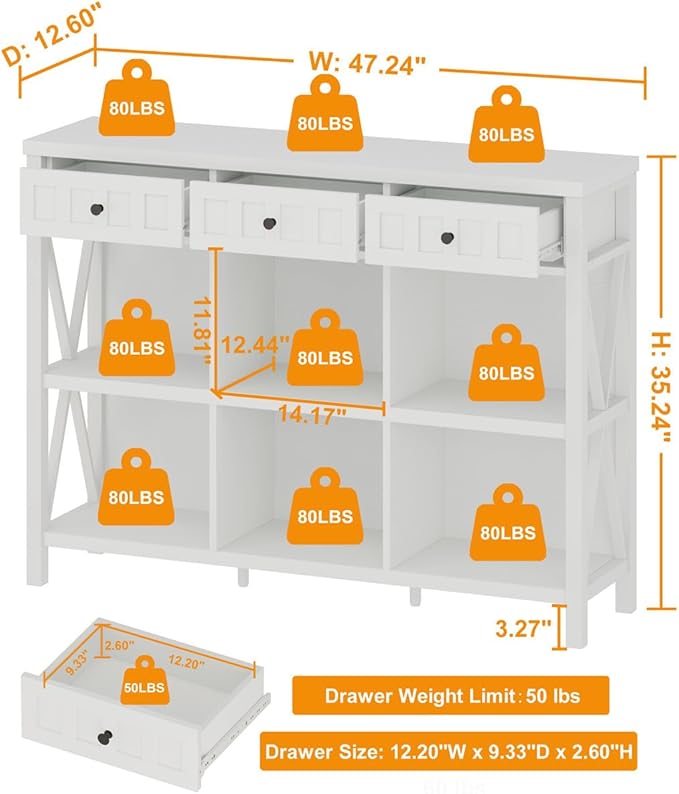 FATORRI 6 Cube Storage Bookshelf with 3 Drawers, Long Horizontal Bookcase, Modern Cubby Organizer Shelf (White Oak, 47 Inch)