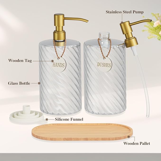 Hand and Dish Soap Dispenser Set for Kitchen Sink,18Oz Glass Soap Dispenser Bathroom with Wood Tray & Gold Stainless Steel Pump,Spiral Stripe Design