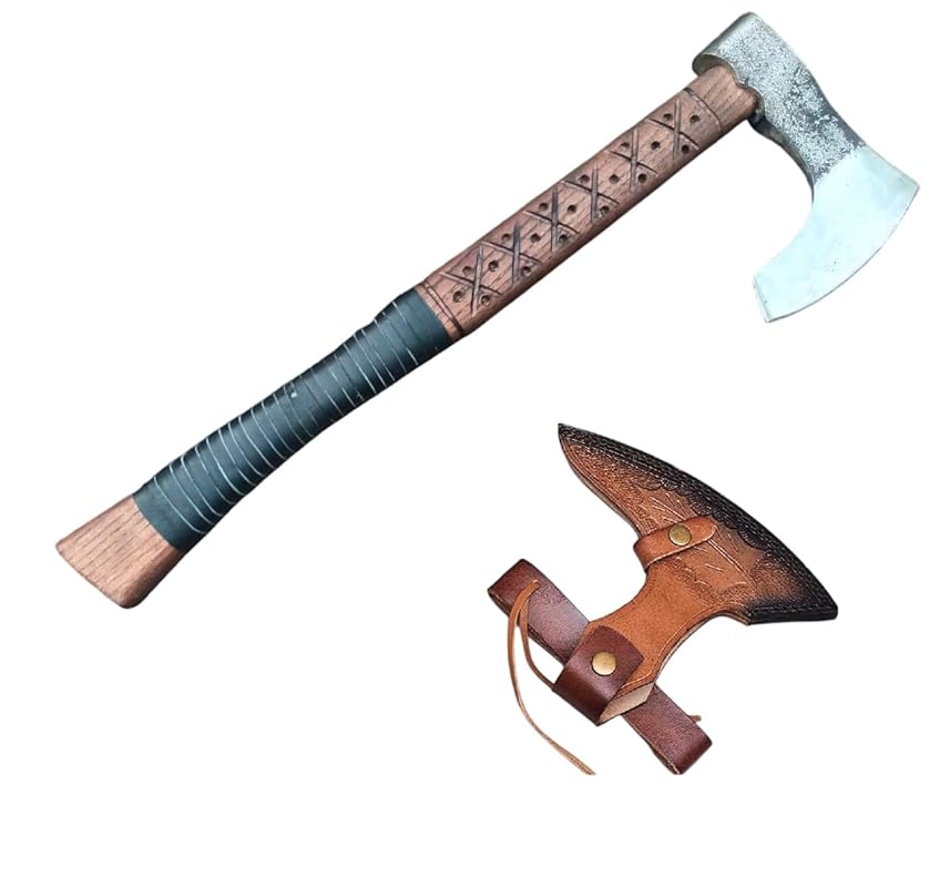 Kacha Store | custom handmade Viking medieval Axe with Viking gift,Hand Axe,Viking Gifts for Men,Camping Tomahawk,Bearded,Valhalla Axe with Leather Sheath (Battle axe) (Ragnar Ax)