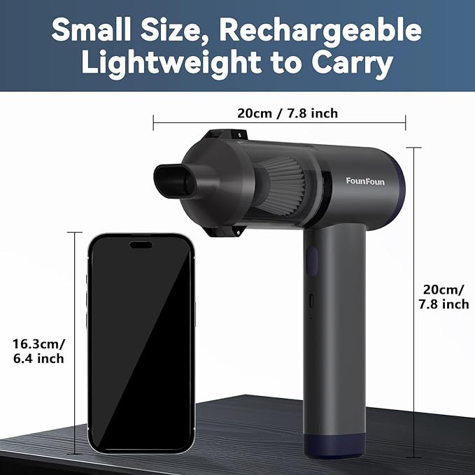 FOUNFOUN Handheld Vacuum Cordless, Portable Car Vacuum, High Power Cleaner for Pet Hair/Car/Home, Suction & Blow 2 in 1, 17-30 Min Run Time, Small Lightweight Gadget, Type-C Rechargeable