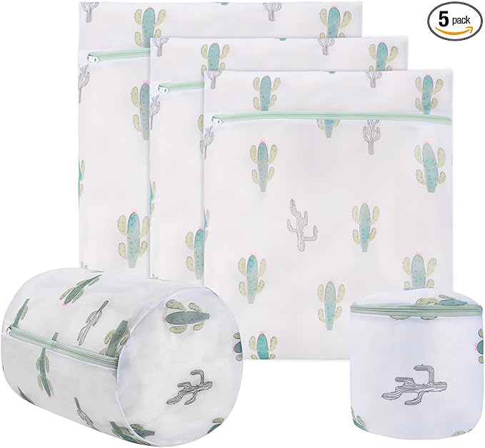 Mesh Laundry Bag, Durable Laundry Bags with Premium Zipper, 5-Piece Washing Machine Wash Bags for Delicates Blouse, Hosiery, Baby Clothes, Travel Organization Bag (Cactus)
