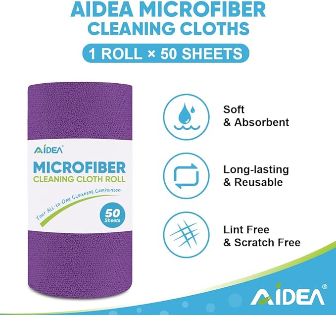 AIDEA Microfiber Cleaning Cloth Roll, 50PK, Reusable Paper Towels Tear Away Cloth, Microfiber Towels for Cars, Lint Free Cleaning Rags for House, Kitchen, Window, 11.5"×11.5", Purple