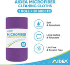 AIDEA Microfiber Cleaning Cloth Roll, 50PK, Reusable Paper Towels Tear Away Cloth, Microfiber Towels for Cars, Lint Free Cleaning Rags for House, Kitchen, Window, 11.5"×11.5", Purple