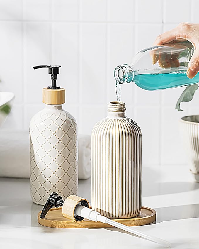 Getstar Hand and Dish Soap Dispenser Set, Ceramic Soap Dispenser for Bathroom and Kitchen with Rust Proof Pump and Tray, Set of 2 (Black Pump)