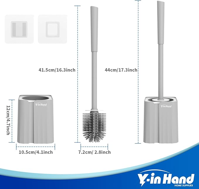 2 Pack Toilet Brush and Holder Set, Silicone Toilet Bowl Scrubber for Bathroom, Hidden and Space Saving Toilet Accessories with Caddy, Wall Mountable. (Grey)