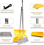 Long Handle Heavy Duty Broom and Dustpan Set, Outdoor and Commercial Upright Dustpan and Brush for Restaurant Garage Garden Yard Office, Yellow