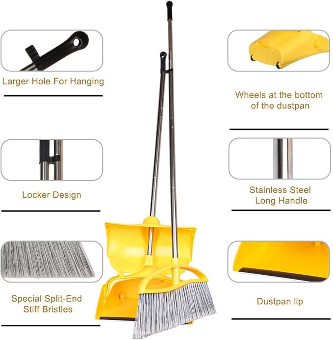 Long Handle Heavy Duty Broom and Dustpan Set, Outdoor and Commercial Upright Dustpan and Brush for Restaurant Garage Garden Yard Office, Yellow