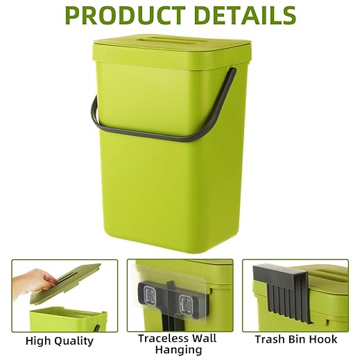 Kitchen Compost Bin, 3 Gallon Countertop Compost Bin with Lid, 12L Small Food Waste Bin for Kitchen, Wall Mount or Under Sink Compost Bucket, RV Trash Can - Green