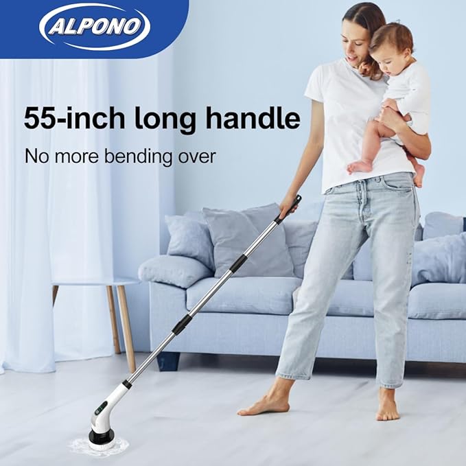 Electric Spin Scrubber with Long Handle: Cordless Power Shower Scrubber - Spin Brush with 7 Brush Replacement Heads for Cleaning Bathroom,Tub, Tile, White, ALPONO-A11