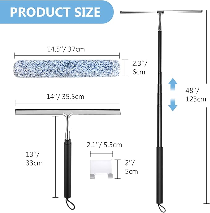 Squeegee for Shower Glass with Long Handle – Extends 13" to 48", Includes 2 Towel Sleeves, Replacement Silicone Blade & Hook, 14" Wide Blade for Glass, Mirrors, Windows & Tile Walls (Black)