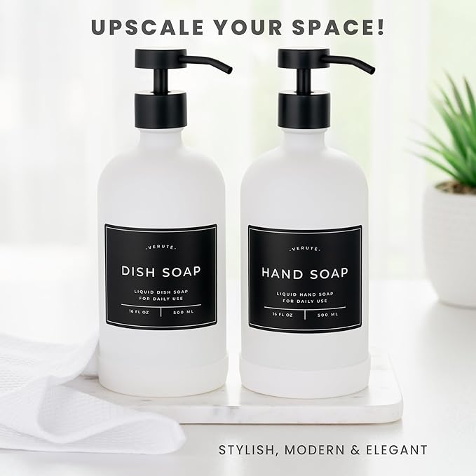 16oz Glass Soap Dispenser with Stainless Steel Pump, 21 Waterproof Labels, Non-Slip Protective Silicone Pad, Set of 2 for Bathroom & Kitchen (Matte White Bottle/Black Pump)
