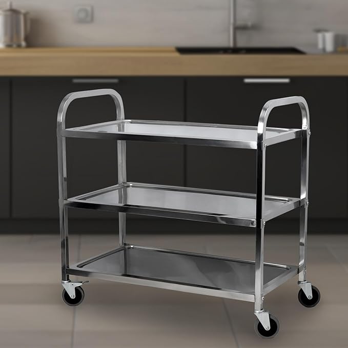 uyoyous 3 Tier Large Heavy Duty Stainless Steel Utility Cart 37"x20"x37" Industrial Serving cart with 360°Rotation Wheels Kitchen Island Stainless Steel Storage Trolley for Hotel Restaurant Home Use