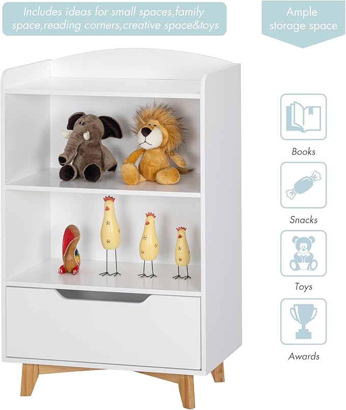 UTEX Kids Bookshelf, Children Bookcases with Storage and Drawer, Wood Kids Toy Storage Organizer for Playroom, Nursery School, White