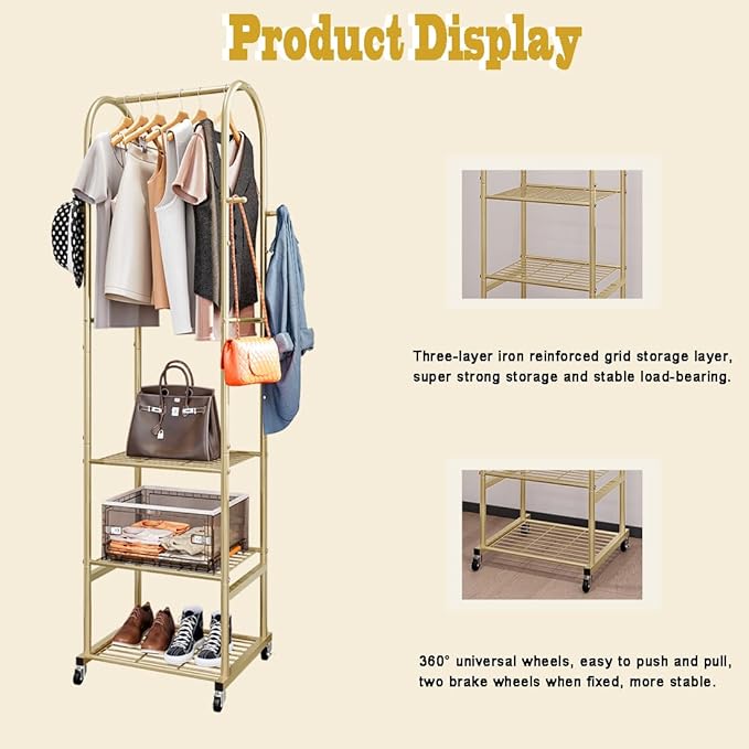 Clothes Rack With Wheels and 3-Tier Metal Shelves,Clothing Rack For Hanging Clothes With 4 Hooks,Garment Rack Wardrobe Organizer for Small Space,Black (gold, 16.54 * 18.23 * 72.05)
