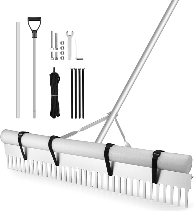 Landscape Rake, 36" Aluminum Heavy Duty Lake Weed Rake, Multifunctional Detachable Aquatic with 67'' Extension Handle & 20Ft Rope, for Weed Algae Removal Loosening Soil Lawn Garden Care