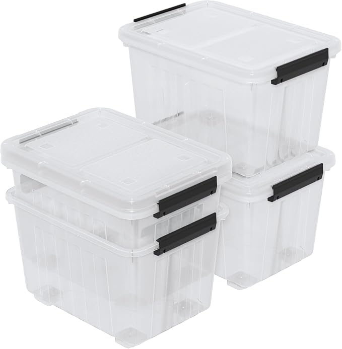 30 Quart Storage Boxes with Wheels, 4-Pack Clear Plastic Storage Bins with Lids