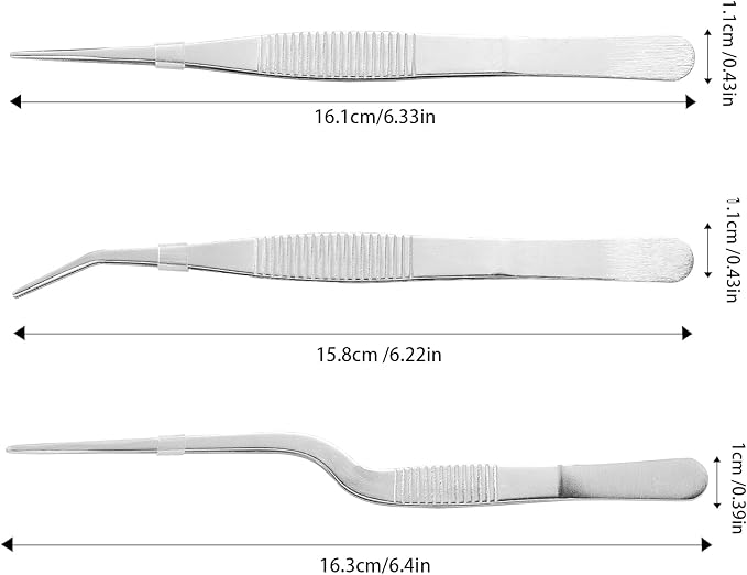 Stainless Steel Tweezers Set for Small Gardening and Kitchen, Multi-Purpose Tools Silver Tweezers (3Pcs, 6.22Inches / 6.33Inches / 6.4Inches)