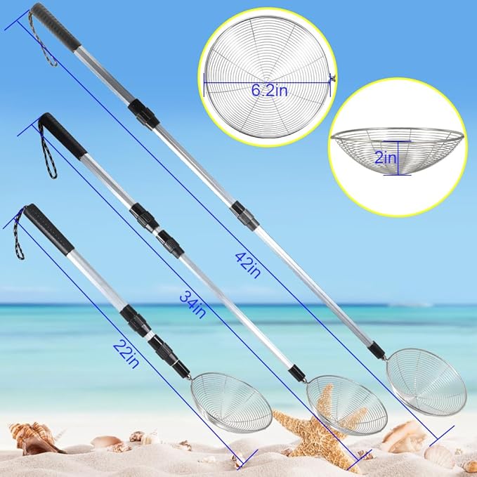 Beach Sand Sifter, 2 Beach Sifting Sand Telescoping Pole Sets with Scoops, Baskets, Mesh Bag, for Kids Picking Up Shells Shovels Shark Teeth