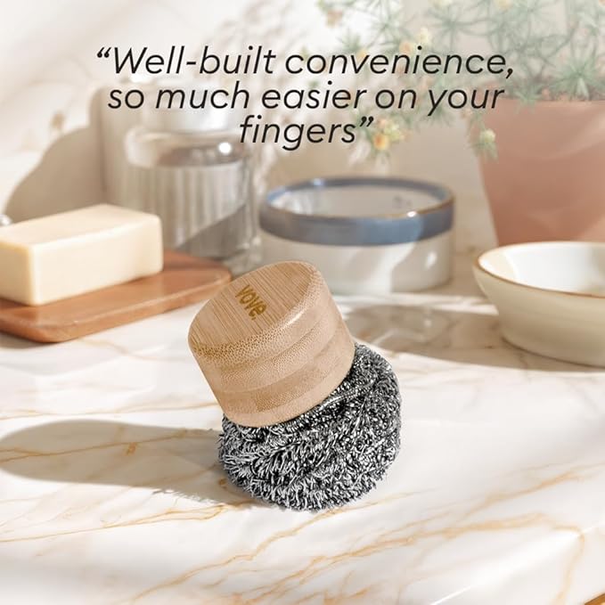 Vove Magnetic Scourer, Stainless Steel Scrubber with FSC-Certified Bamboo Handle, 3 Replacement Pads, Neodymium Magnet, for Cast Iron, Pots & Pans, Griddles, Grills, Plastic-Free Eco-Friendly Cleaner
