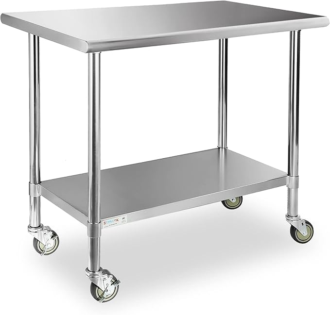 STABLEINK Stainless Steel Table with Caster Wheels 24 x 36 Inches, NSF Commercial Prep & Work Table with Adjustable Undershelf and Table Foot, for Commercial Kitchen, Restaurant, Hotel and Garage