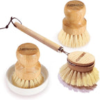 Wooden Dish Brush Set Clean Pots, Pans and Vegetable, Natural Bristles Bamboo Scrub Brushes with Ceramic Dish - 1 Long Handle Dish Brush + 2 Palm Scrubbing Brush