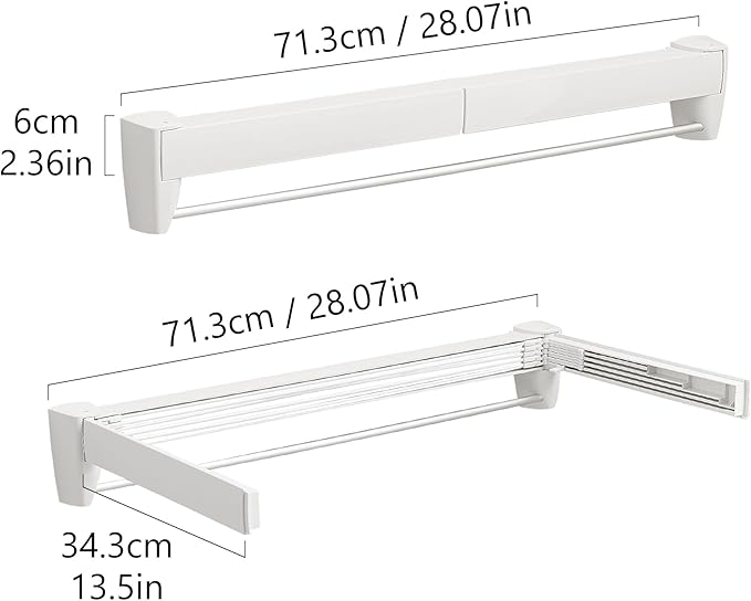 JOOM Laundry Drying Rack Collapsible, Wall Mounted Drying Rack, Clothes Drying Rack, Retractable Drying Racks, 27.5" Wide, 5 Aluminum Rods with Hooks, 60 lb Capacity (White 27.5" with Hooks)