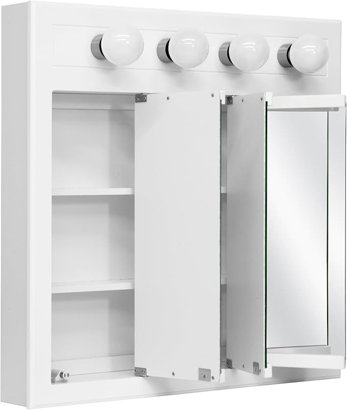 Design House Concord Medicine Cabinet, 3 Mirrored Doors, Pre-Assembled, Surface Mount, 4 Lights, White Wood Frame Wall Cabinet, 30 in W x 5 in D x 30 in H, 532382-WHT