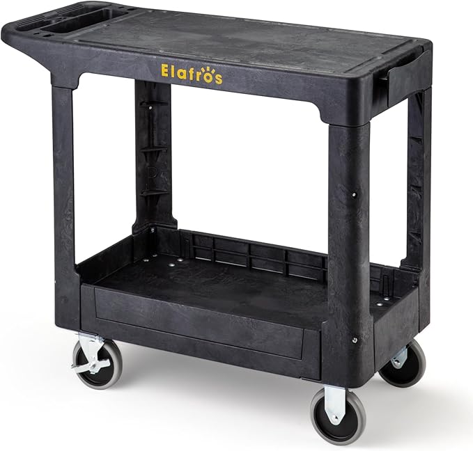 ELAFROS Heavy Duty Plastic Utility Cart Flat top 37 x 18.8 Inch - Work Cart Flat Shelves and 2 Fixed 2 Swivel Wheels Safely Holds up to 550 lbs - 2 Tier Service Cart for Warehouse,Garage, Black