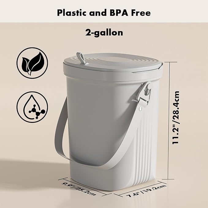 Mountable Kitchen Compost Bin for Counter Top or Under Sink, Hanging Trash Can with Lid for |Cupboard|Bathroom|Bedroom|Office|Camping, Indoor Compost Bucket, 2 Gallon Grey