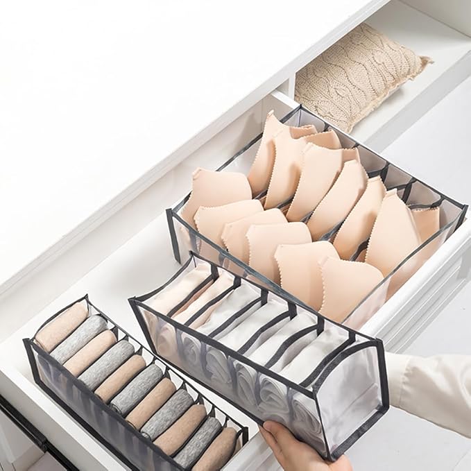 2 Pcs 11 Grids 7 Grids Underwear Drawer Organisers Sock Drawer Organizer Divider Underwear Storage Boxes Foldable Closet Dresser Drawer Organizer for Storing Socks Gray