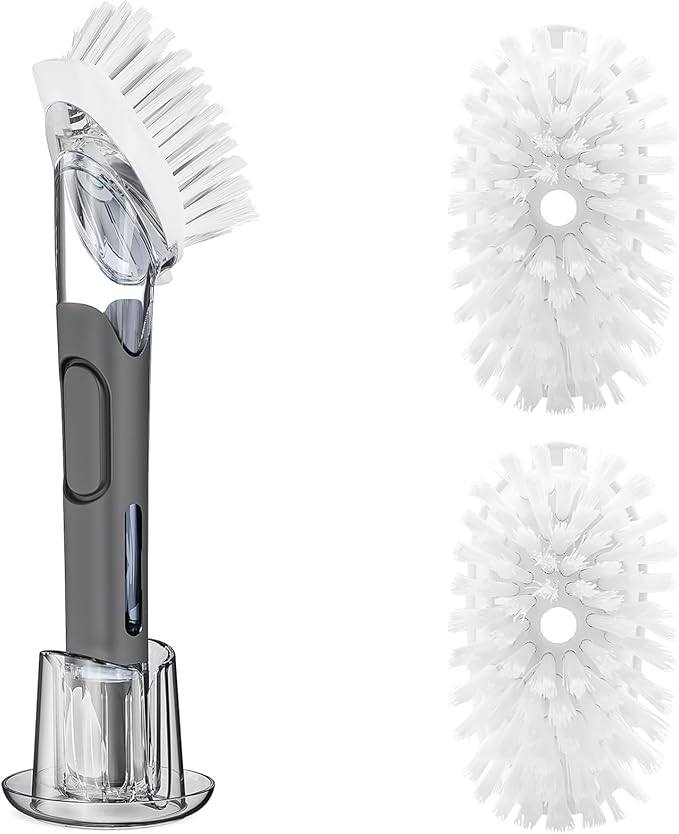 Soap Dispensing Replacement Dish Brush Storage Set with 2 PCS Brush Refills & Holder - RIMAY Dispenser Scrub Cleaning Scrubber Kitchen Dishwashing Dish Wand Handle for Dishes/Pans/Pots/Sink(Black)