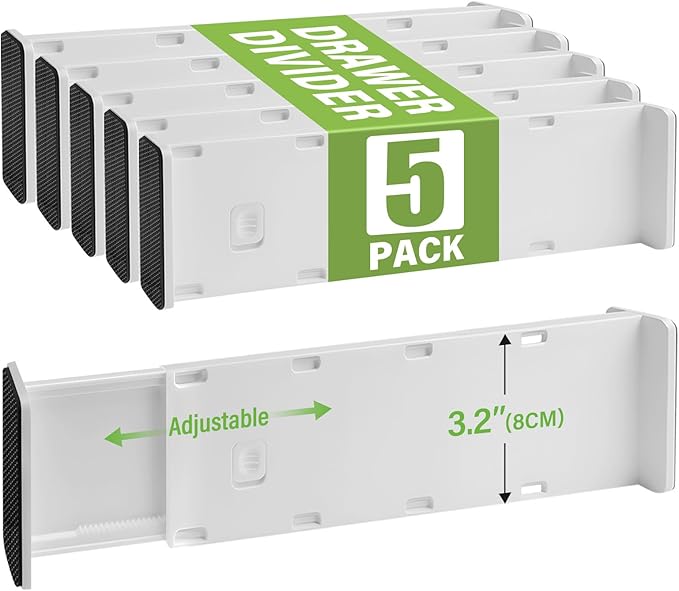 5 Pack Drawer Dividers 3.2" High Slim Organizers Expandable 10.8-17.9" Adjustable Separators for Shallow Drawers Kitchen Utensils Baby Clothes Underwear Storage-White