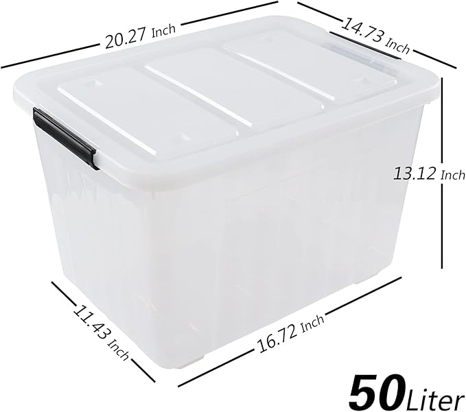 Jekiyo 50 Liter Clear Storage Bin on Wheels, Large Plastic Latching Box, 6 Pack