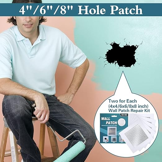4" 6" 8" (Two of Each) Wall Repair Patch, Plasterboard Patch, Safe Mend Plaster Repair Kit, Safemend Drywall Repair Adhesive, Filler for Walls Ceiling Hole, Self Adhesive Aluminum Mesh Wall Repair