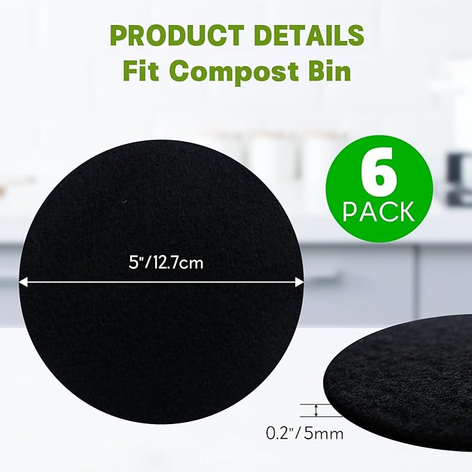 6 Pack Charcoal Filters for Compost Bin Bucket, 5 Inch Round Activated Carbon Charcoal Replacement Filters for Kitchen Countertop and Home Bucket Compost Bin (Refill, Odor Eliminating)