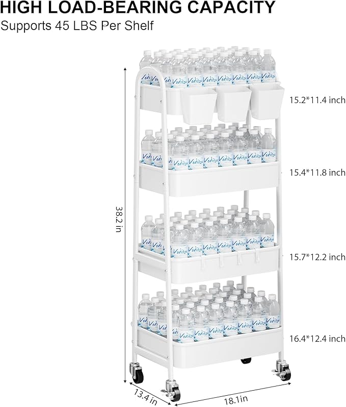 4 Tier Heavy Duty White Metal Rolling Cart with Lockable Wheels,Utility Storage Organizer Carts, Four Tier Roller Book Snack Cart for Kitchen, Bathroom, Garage, Baby Diaper, Craft, Art, Teacher