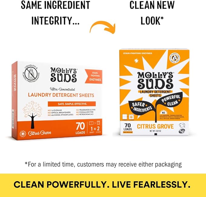 Molly’s Suds Laundry Detergent Sheets | Gentle on Sensitive Skin, Powerful Bio-Based Enzymes, Stain-Fighting | Liquidless & Plastic-Free Packaging | 70 Loads (Citrus Grove)