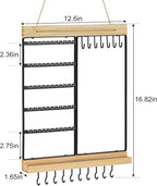 Feyejade Hanging Jewelry Organizer, 5-Tier Wall Earring Holder with Wooden Ring Groove, Jewelry Rack Wall Mounted for Earrings, Necklaces, Bracelets and Rings, Jewelry Holder Stand, Black