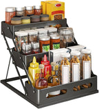 Bokelai Spice Rack 3 Tier Foldable Seasoning Organizer Jars Storage Holder Step Shelf for Cabinet Kitchen Countertop Pantry Coffee Bar Black